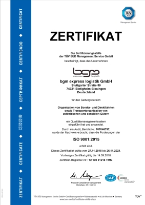 bgm express logistik GmbH Zertifikat TÜV SÜD ISO 9001:2015