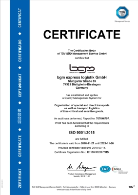 bgm express logistik GmbH TUEV SUED certificate ISO 9001:2015