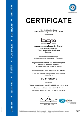 bgm express logistik GmbH TÜV SÜD certificate ISO 14001:2015